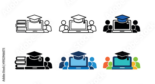 Student learning access icon depicting stylized books, graduation caps, laptops, and student figures representing education