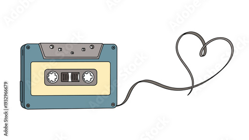 Nostalgic retro cassette tape with its magnetic ribbon playfully forming a charming heart shape, symbolizing love for music.