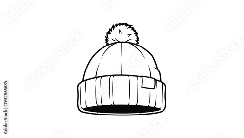 Simple black and white line art illustration of a cozy knit beanie hat, complete with a fluffy pompom on top.