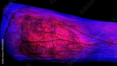 Glowing red vascular patterns preserved in fossilized bone under ultraviolet light, revealing intricate biological history.
