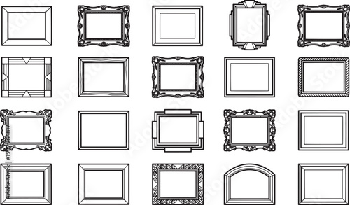 Variety of picture frames in different shapes and styles in a simple black and white design. This collection can add an element of art, elegance and creativity to your design or project.