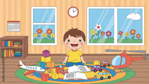 Young boy sitting on a colorful rug in a playroom surrounded by various toys like a helicopter, plane, cars, and building blocks.
