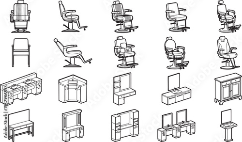 Salon furniture arranged in a grid, capturing a range of styles and designs, perfect for illustrating the variety in professional salons.