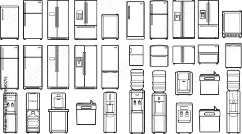 A collection of various refrigerators, ice chests, and water coolers, illustrating design variations and cooling technology with a clear focus on the forms.