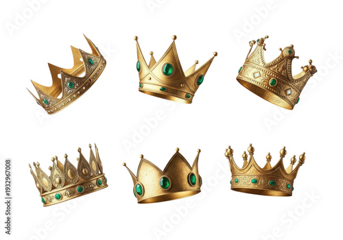 Six ornate gold crowns and coronets studded with green gemstones, varied royal headpieces and jeweled diadems displayed on a transparent background
