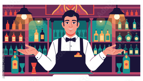 Friendly male bartender wearing a white shirt and black apron stands behind a well-stocked bar with shelves of various bottles.