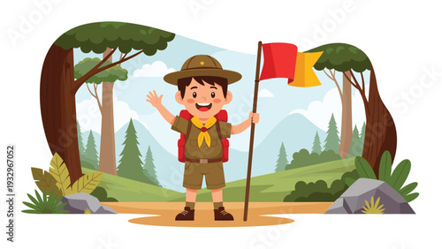 Happy young boy dressed as a scout holding a flag and waving in a lush green forest with mountains in the background.