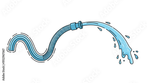 Dynamic illustration of a blue corrugated hose forcefully spraying a stream of water with vibrant splashes and droplets.