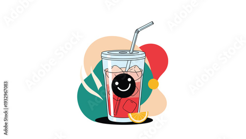 Refreshing glass of iced drink with a straw and a playful smiley face, surrounded by vibrant abstract shapes.