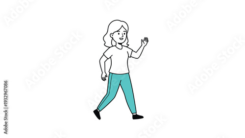 Cheerful cartoon woman with wavy hair, walking confidently and waving in a friendly, approachable manner.