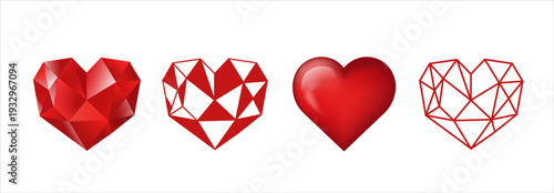 Collection of Four Red Hearts in Different Geometric and Realistic Styles on White Background