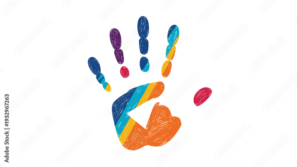 Fototapeta premium Vibrant and cheerful multi-colored handprint, featuring a playful striped pattern, symbolizing creativity, childhood, or diversity.