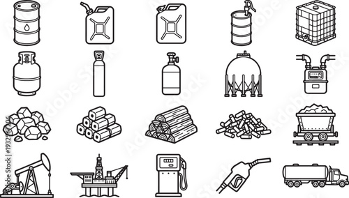 A comprehensive illustration of diverse energy and industry resources, a versatile collection of line art symbols related to oil, gas, and renewable energy. 