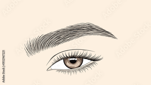 Exquisitely detailed engraving illustration of a human eye, showcasing fine eyelashes, a well-defined eyebrow, and a brown iris.
