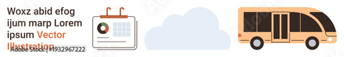 Data visualization, transportation, scheduling, logistics management, digital tools, planning solutions. A bar graph on a calendar, a cloud and a bus . Data visualization and transportation concepts