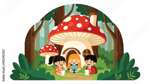 Three children sitting and reading tablets in a magical forest next to a large red and white mushroom shaped house.
