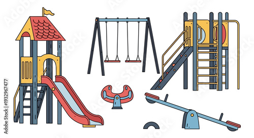 A collection of colorful playground equipment including slides, swings, a seesaw, and spring rider on a white background, ready for children's play.