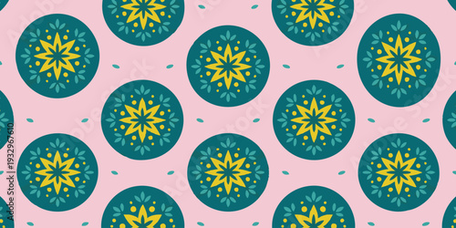 Seamless pattern featuring intricate blue and yellow floral motifs on a pastel background viewed from directly above
