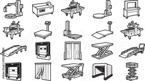 A collection of various industry tools and machinery, in a monochromatic illustration. Showing different tools.