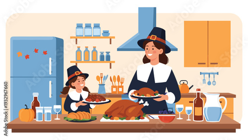 Woman and girl dressed in pilgrim outfits preparing a thanksgiving feast with a roasted turkey in a modern kitchen.