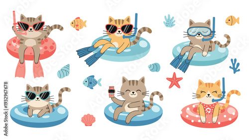 Adorable collection of cartoon cats enjoying summer swimming, complete with goggles, snorkels, and colorful floats, ideal for playful designs.