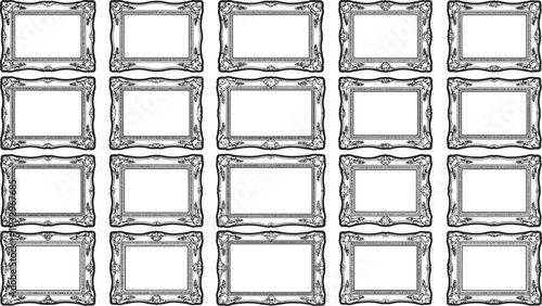 Empty picture frames meticulously arranged, waiting for art or cherished photos, framed with intricate detail. 