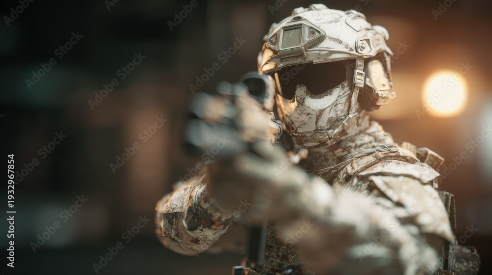 Fototapeta premium Soldier aims weapon in action scene with dramatic lighting and focus