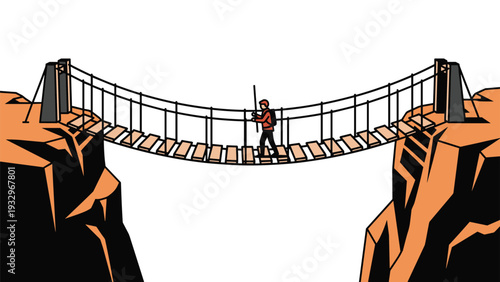 Adventurous person carefully walking across a precarious rope bridge suspended between two steep cliffs, symbolizing challenge and risk.
