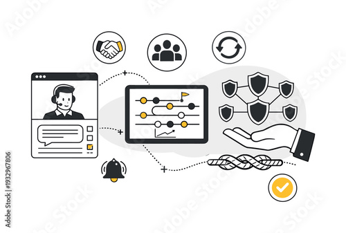 Modern minimal flat vector conceptual collage, crisp hard edges, consistent THIN outline stroke, rounded corners where needed,