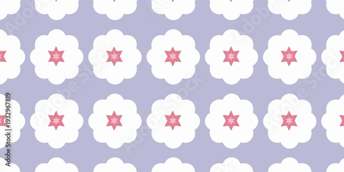 A seamless pattern of white flowers with pink stars on a lavender background from a directly overhead viewpoint