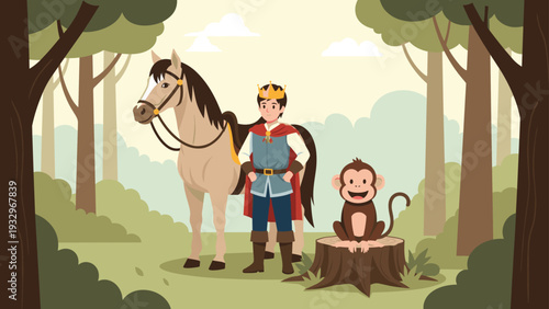 Handsome prince standing in a forest next to his brown horse while a small monkey sits on a tree stump nearby.