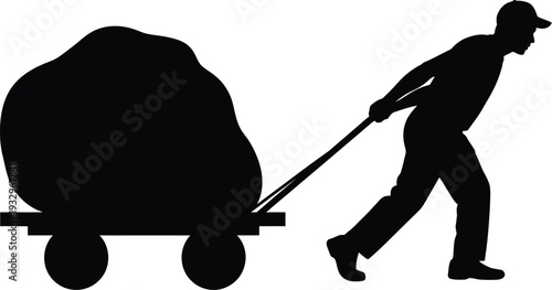 Silhouette of a miner laboriously pulling a heavy cart loaded with dark material against a white background.