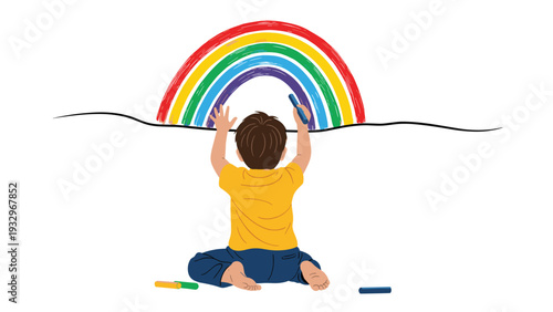Cheerful child enthusiastically drawing a vibrant rainbow across a white wall, symbolizing hope, creativity, and innocence.