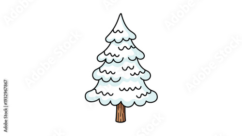 Adorable cartoon snowy pine tree, charmingly covered in soft white snow, symbolizing winter, holidays, and festive cheer.