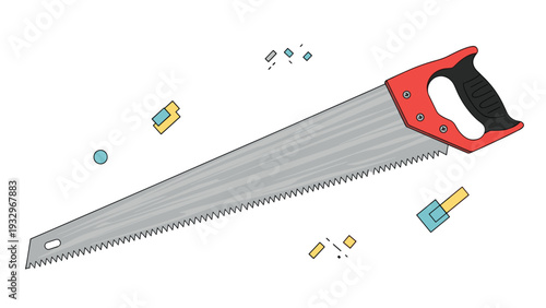 Detailed illustration of a durable hand saw with a red and black handle, surrounded by abstract shapes, ready for woodworking.