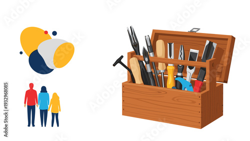 Rustic wooden toolbox filled with an assortment of construction and art tools, accompanied by abstract shapes and diverse people figures.