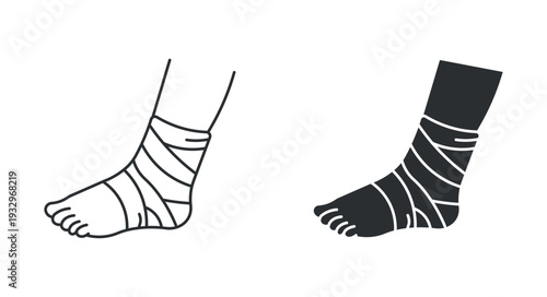 Injured Foot with Bandage Icon Set, Ankle Sprain Line and Solid Vector Illustration