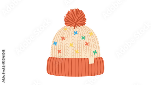Cozy and colorful knitted winter hat with a fluffy orange pompom and decorative stitches, perfect for keeping warm during cold weather.