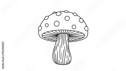 Simple black and white outline drawing of a classic mushroom with a spotted cap and textured stem, ideal for coloring or minimalist designs.