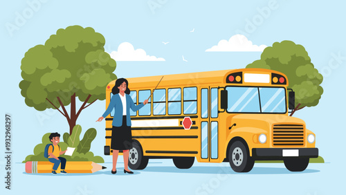 Dedicated teacher guides a young student sitting on a giant pencil next to a classic yellow bus in an educational scene.