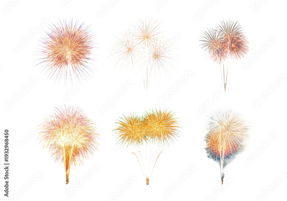 Obraz premium Six delicate golden and pastel fireworks bursts arranged on a clean transparent background, stylized illustrations conveying celebration and festive sparkle