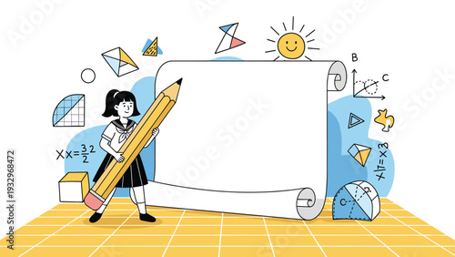 Diligent schoolgirl stands beside a massive blank scroll holding a giant pencil among floating mathematical symbols.