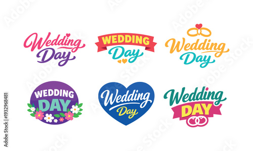 Wedding Day Logos. Clean modern holiday banner illustration displaying modern lettering logo set for Wedding Day, professional