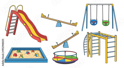 A collection of colorful playground equipment including slides, swings, seesaws, a sandbox, a merry-go-round, and monkey bars on a white background.