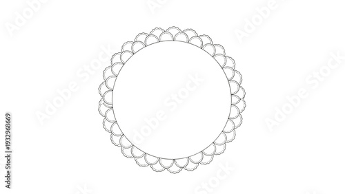Beautiful black and white outline drawing of a decorative circular frame with an intricate scalloped edge, perfect for elegant designs.