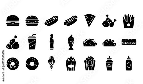 Minimal Black Fast Food and Snack Glyph Icons
