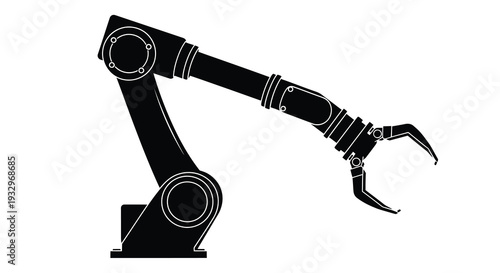 A stark black robotic arm extends forward showcasing mechanical precision and industrial automation a striking silhouette high quality