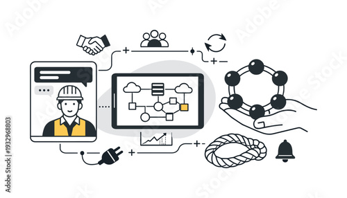 Modern minimal flat vector conceptual collage, crisp hard edges, consistent THIN outline stroke, rounded corners where needed,