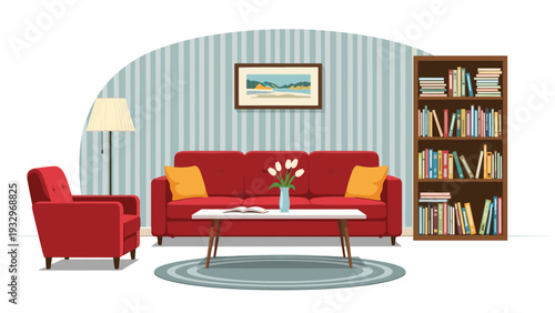 Inviting interior of a cozy living room featuring a classic red sofa, a matching armchair, a wooden bookshelf, and elegant decor.