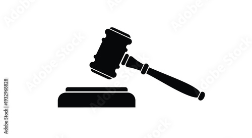A stark black silhouette depicts a gavel resting upon a sound block symbolizing justice and legal proceedings silhouette